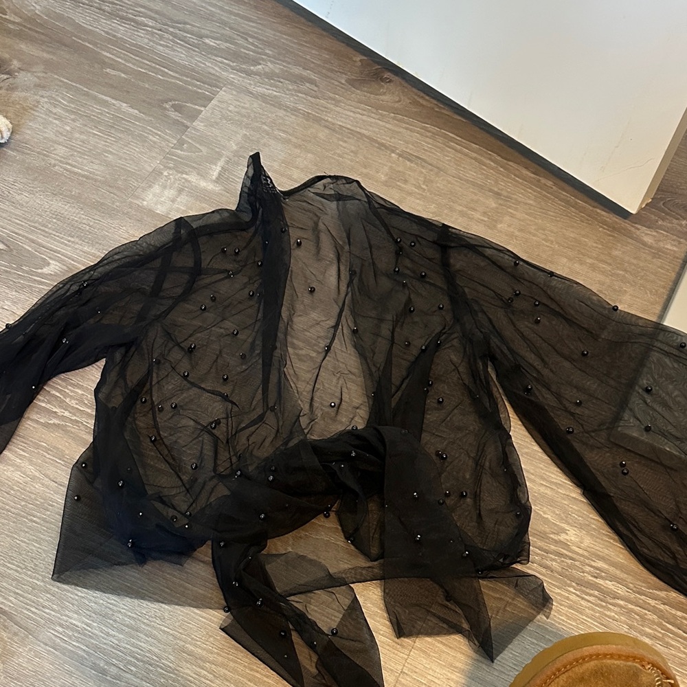 Sheer Black Beaded Front-Tie Top